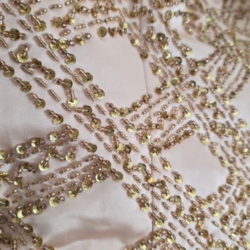 Satin dress salmon new with gold beads and marabou feather trim
