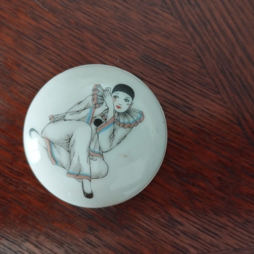 Porcelain jewelry box used, Pierrot design, 5cm vintage