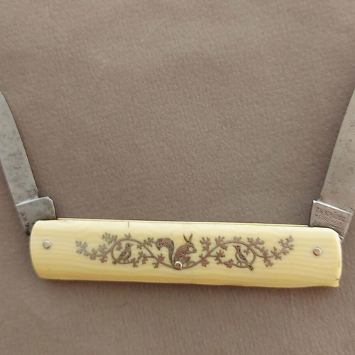 Antique German Schuddig Solingen pocket knife used with double blades and silver inlay decoration