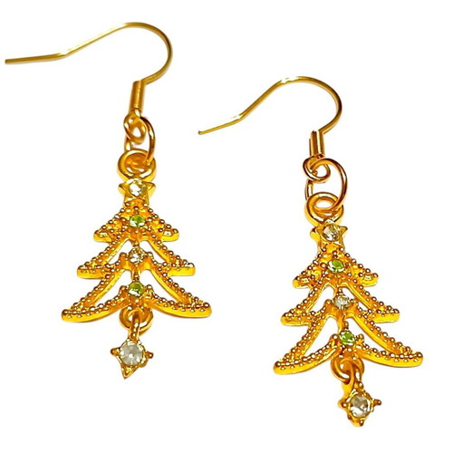 Handmade stainless steel Christmas tree earrings new with emerald and zircon