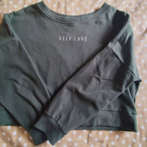 Khaki sweatshirt with Self Love print used, women's size M