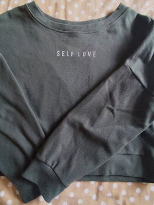Khaki sweatshirt with Self Love print used, women's size M