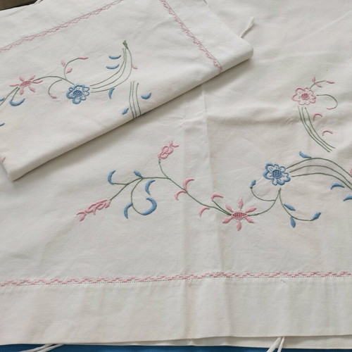 Handmade XL pillowcases pair 1m with floral embroidery and cross-stitch