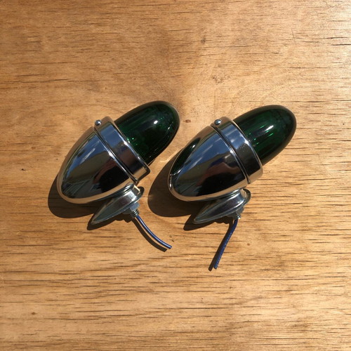 Vintage green bicycle and motorcycle lights pair new, dynamo use