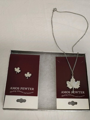 Amos Pewter Maple Leaf Stud Earrings and Chain New Silver