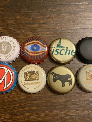 Beer and soda bottle caps used, pack of 8, Greek and foreign