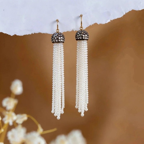 Handmade Beaded Tassel Earrings New Elegant Pearl Fringe Drop