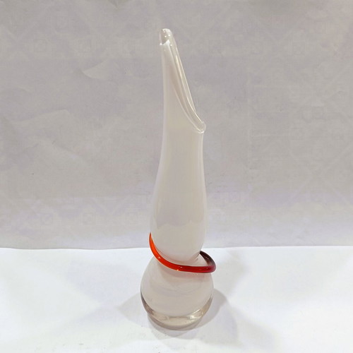 Vintage Italian Vase Flame handmade hand-blown Opalina glass with red swirl