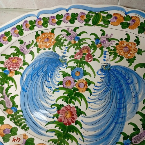 Oval Greek handmade ceramic platter with peacock design like new
