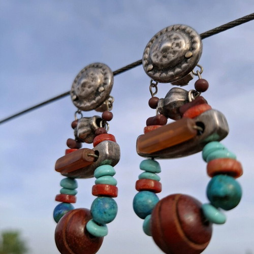 Vintage ethnic clip-on earrings used, hanging design