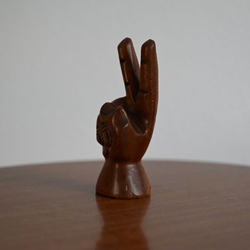 Handmade wooden sculpture hand V sign used, 6 cm