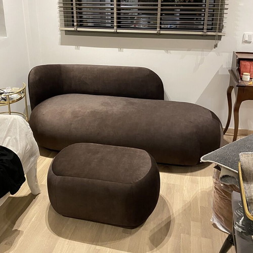 Three-seater velvet sofa with matching ottoman table like new, dark brown