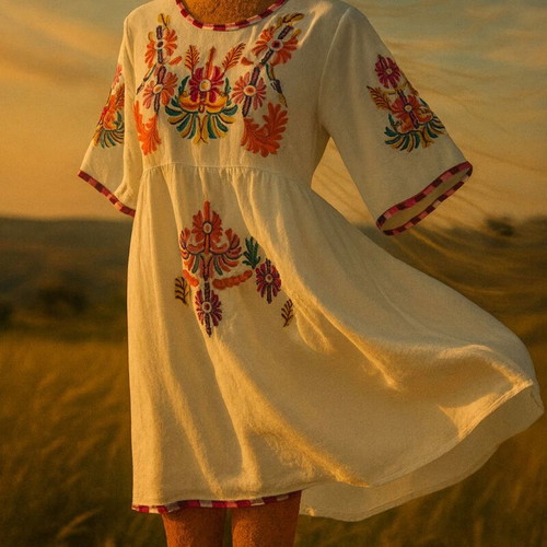 Summer dress with colorful embroidery new, white