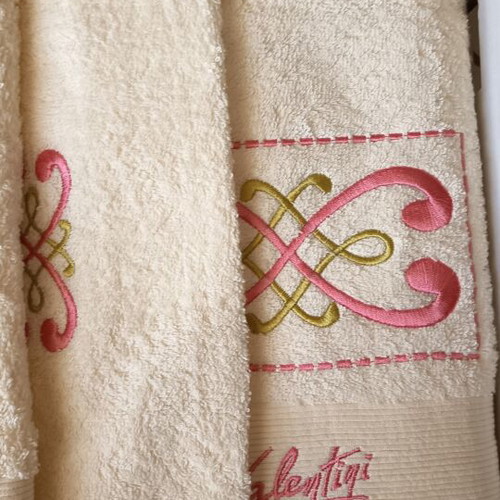 Valentini towel set of 3, bath face hand, ivory with pink embroidery