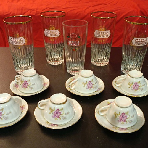 Vintage Stella Artois 5 glasses '60s and coffee set '50s, like new