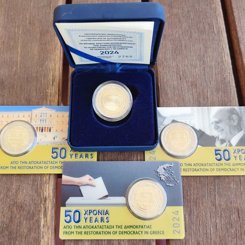 2€ Proof Coin and Coincards 50 Years From Restoration of Democracy Greece New