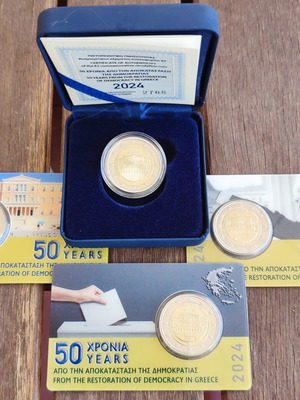 2€ Proof Coin and Coincards 50 Years From Restoration of Democracy Greece New