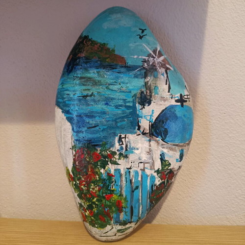 Painted stone new with acrylics and glossy varnish