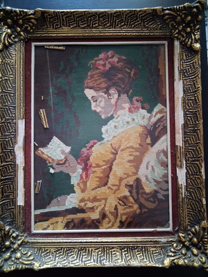 Vintage embroidery in vintage frame, used, The girl reading