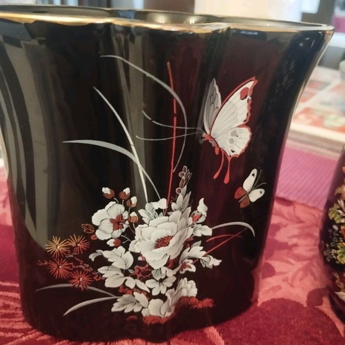 Two Hand Painted Vases Like New, Dark with Gold