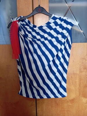 Asymmetric Pinky Marine-Style Blouse with Draped Detail and Red Ribbon like new