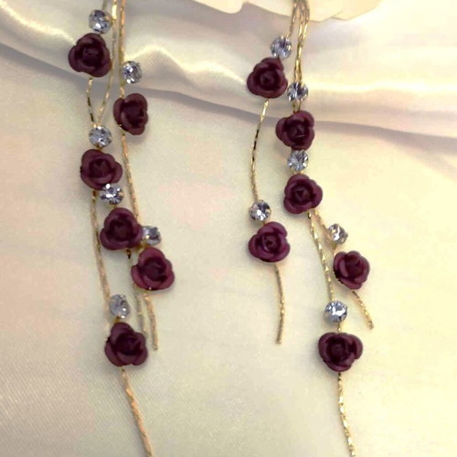 Fashion earrings with rose petals and rhinestones new, purple and gold