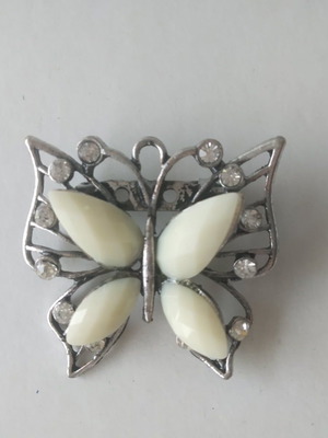 Butterfly Pin New Silver-White With Strass And Safety Clasp