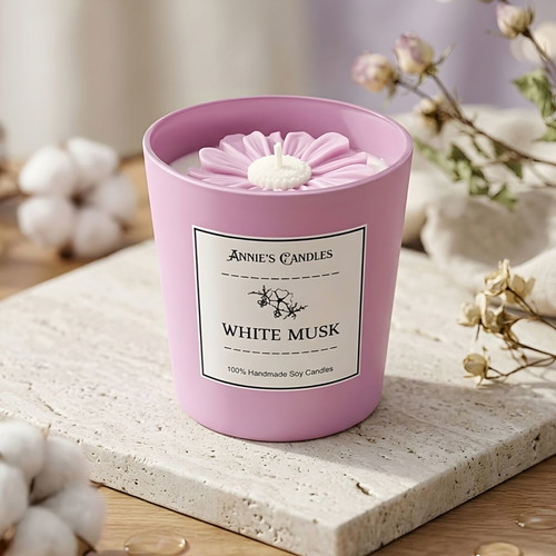 Handmade soy scented candle with flower in lilac glass, made to order
