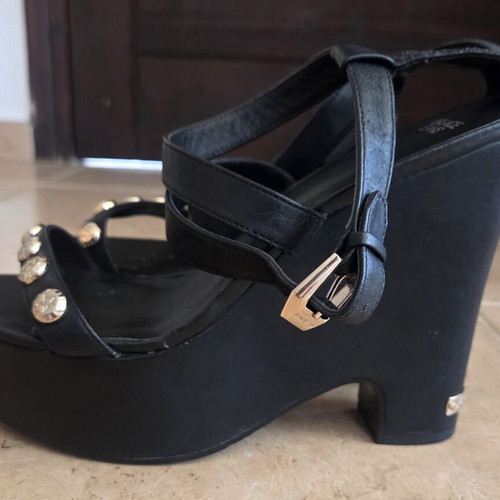Versace Jeans Black Leather Wedge Platform Sandals like new