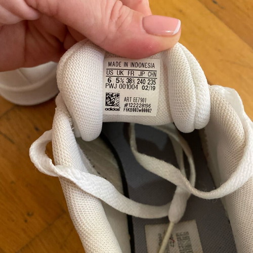 Adidas sneakers used, size 38.5, white with blue and red stripes