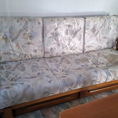 Vintage rustic sofa bed with drawers, like new, solid beech wood frame