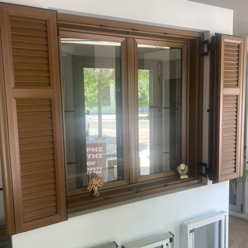 Europa Double-Leaf Opening Window with Four-Leaf Shutter in Walnut Color