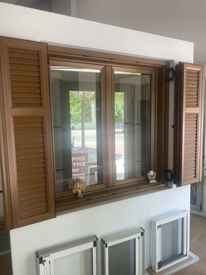 Europa Double-Leaf Opening Window with Four-Leaf Shutter in Walnut Color