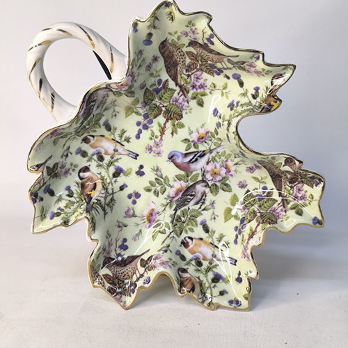Porcelain leaf-shaped plate with birds and flowers like new