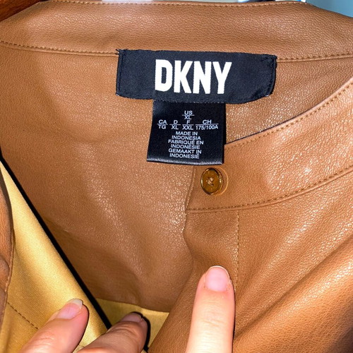 DKNY Faux Leather Shirt with Puff Sleeves XL like new, camel