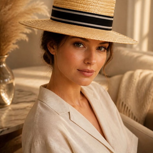 Women’s Straw Rattan Hat with Ribbon CCC like new, size L, beige and black