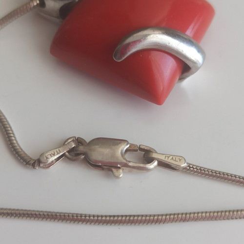 Silver 925 Necklace with Red Coral Pendant 50 cm like new