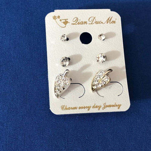 Silver Tone Rhinestone Stud and Leaf Earring Set new fashion jewelry