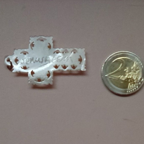 Handmade cross pendant from mother of pearl with Jerusalem inscription, new