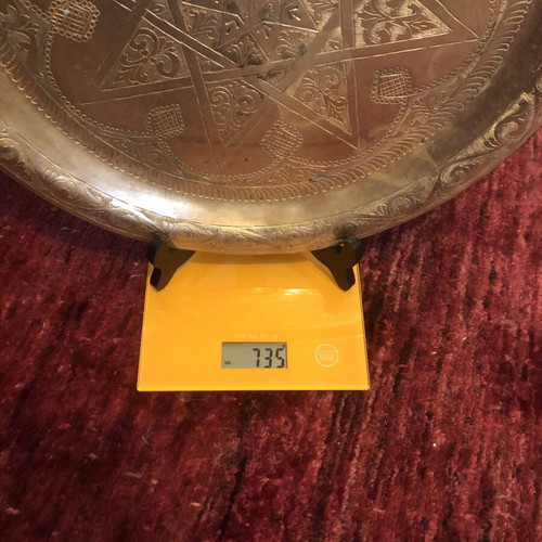 Vintage brass Moroccan tray 35cm used, handmade engraving