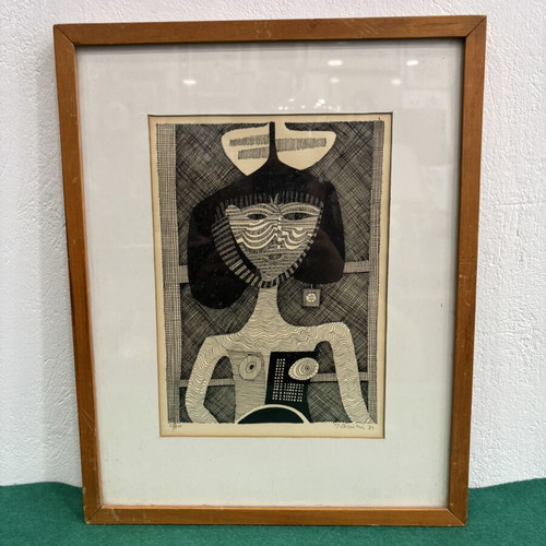 Old woodcut used, numbered 27/300, framed 39x31 cm