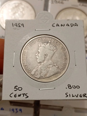 Silver Canada 50 cents coin 1929 used, King George V