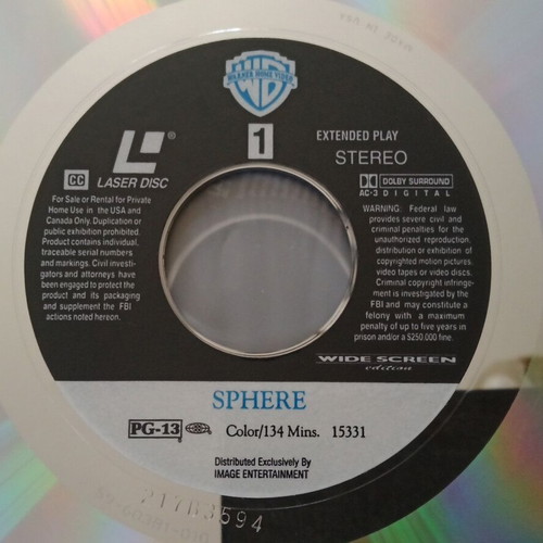 Sphere LaserDisc used, widescreen sci-fi movie with Dustin Hoffman