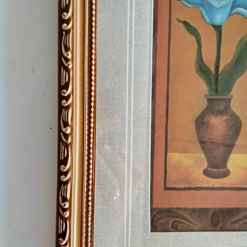 Vintage decorative frame with blue flower in vase, like new
