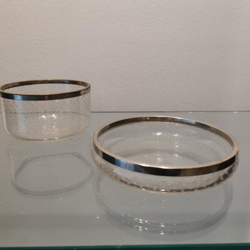 Set of two glass bowls used with silver-plated rim