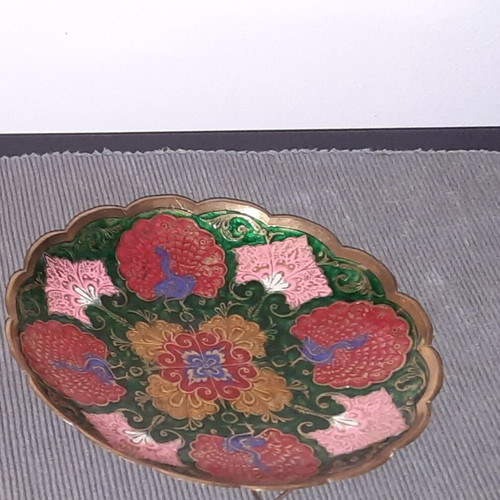 Cloisonné brass plates and bowl used, set of 3 pieces