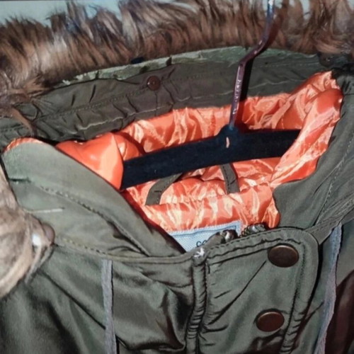 Pink Woman jacket used, khaki with orange lining and removable fur hood