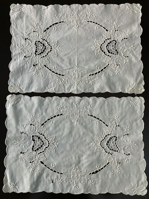 Pair of vintage white embroidered table runners 40×28 cm