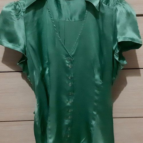 Zara silk satin blouse top, green, large
