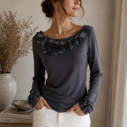 Anthropologie cotton blouse brown XXL like new with floral appliqué